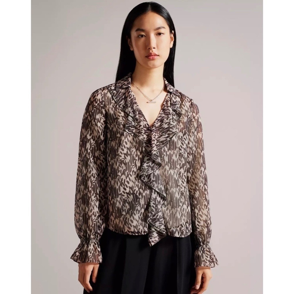 TED BAKER Bertei V Neck Ruffle Blouse Top Brown Abstract Size 6 US 14